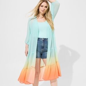 NWOT Torrid Size 2 Ocean Sunset Ombre Tiered Chiffon Maxi Kimono Duster